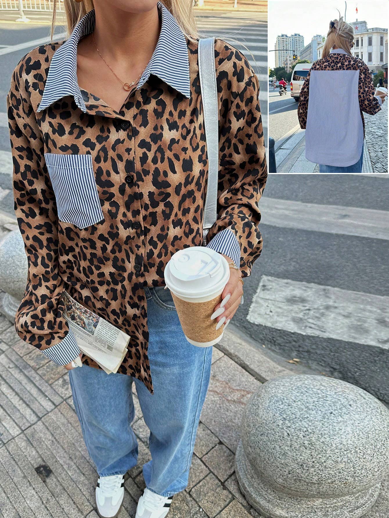 Fashionable leopard print patchwork loose shirt