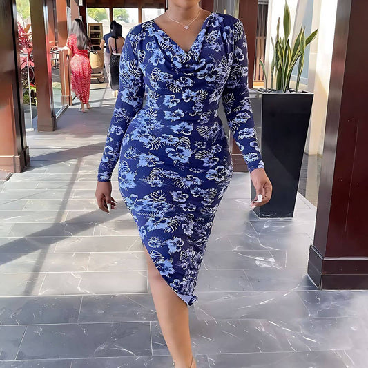 PRINT STYLE DRESS WITH HIGH WAIST AND SIDE SLIT