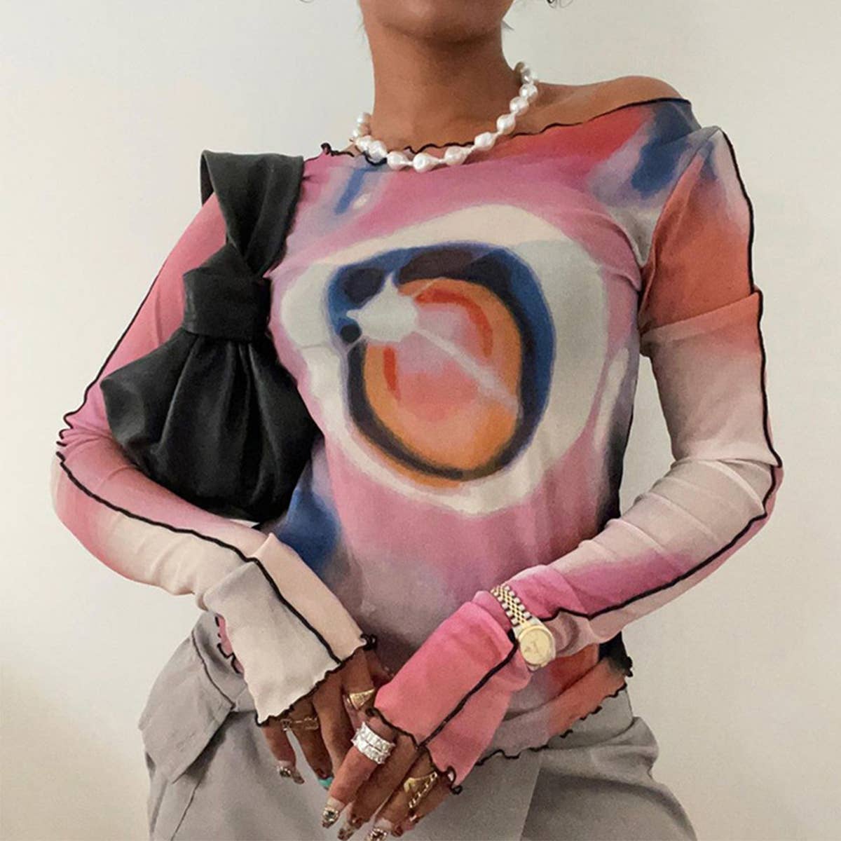 Ruffle Edge Sexy Off-Shoulder Printed T-Shirt