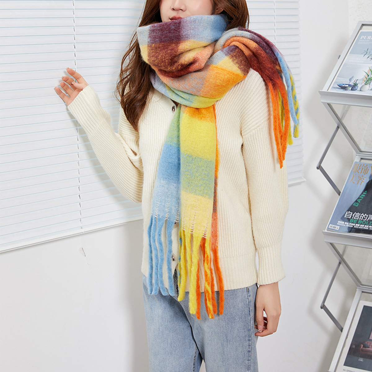 Colorblock Brushed Shawl ? Ins Style Winter Scarf