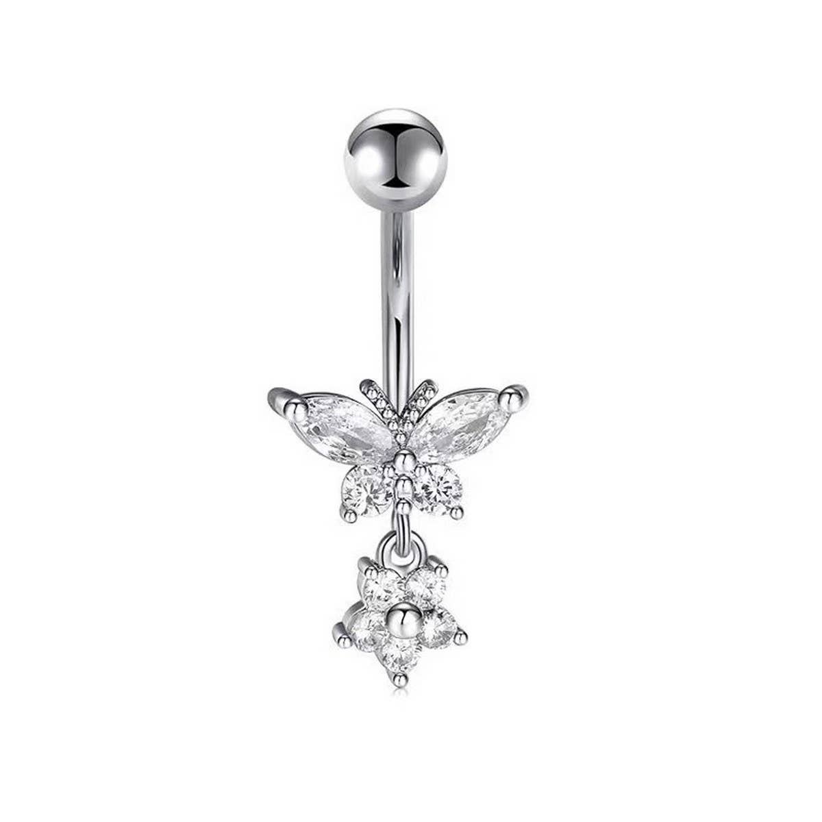 Zircon Butterfly Flower Belly Button Ring_CWMM9461