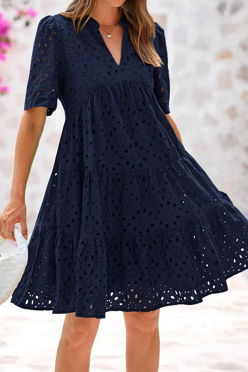 CWDSD8527_V-NECK HOLLOW LACE ELEGANT A-LINE DRESS