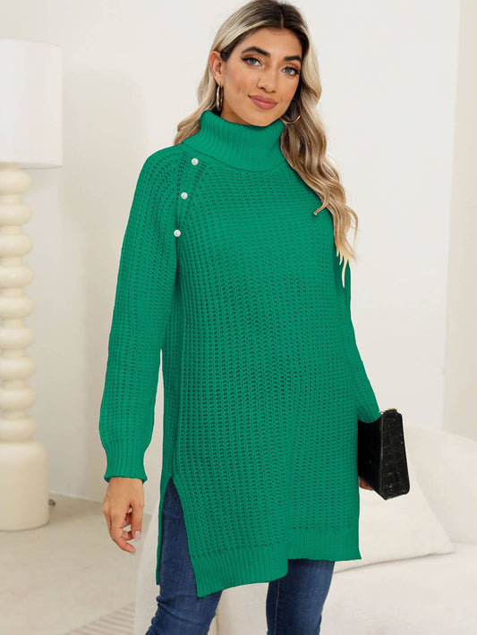 PEARL TURTLENECK STUDDED BEAD SLIT DRESS