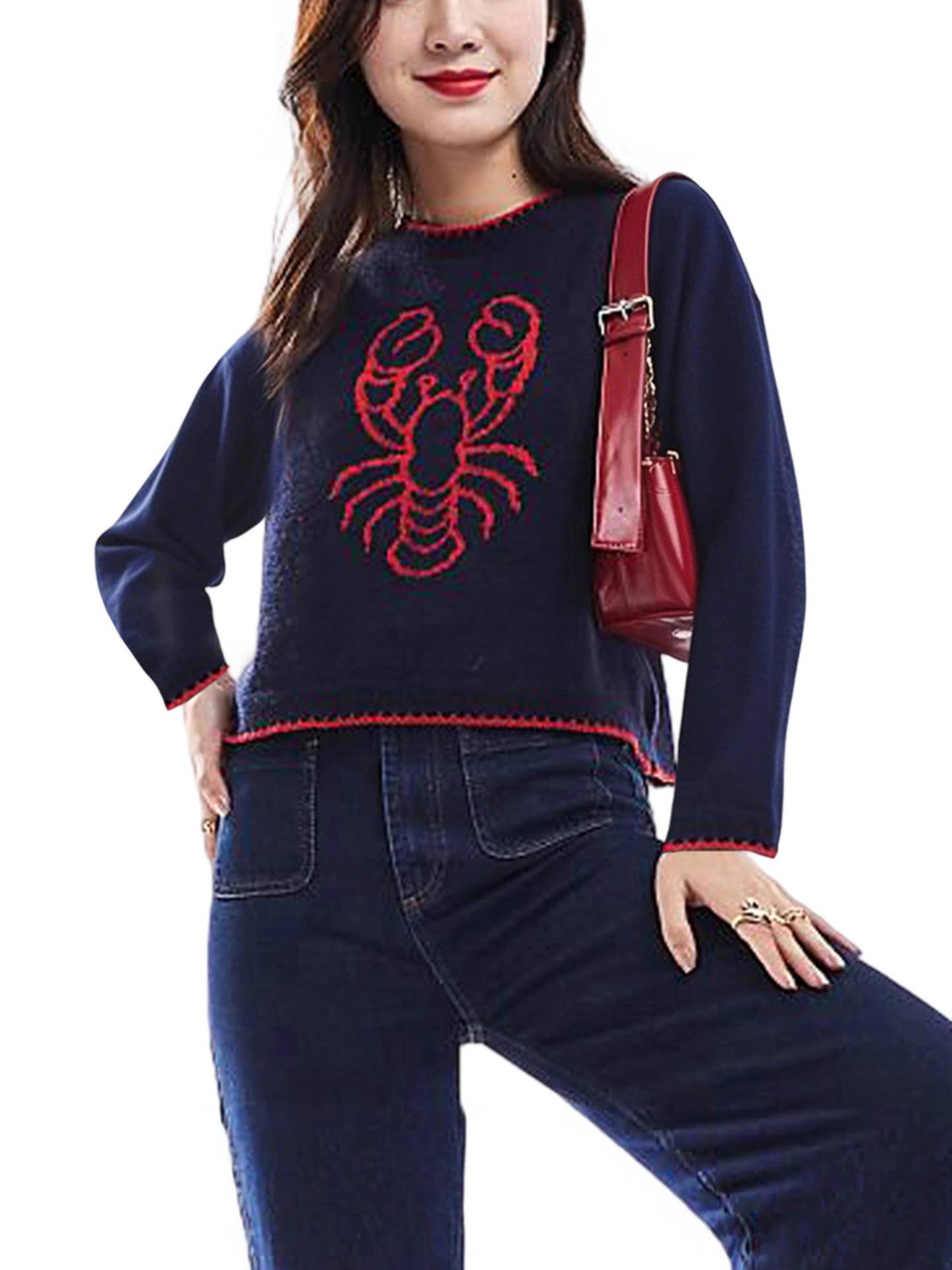 Lobster jacquard round-neck pullover sweater