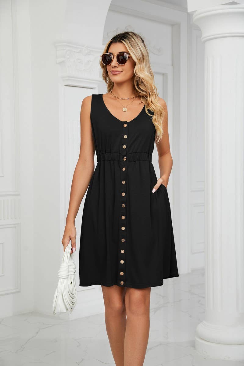 CWDSD3114_ROUND NECK SLEEVELESS BUTTON POCKET WAIST DRESS