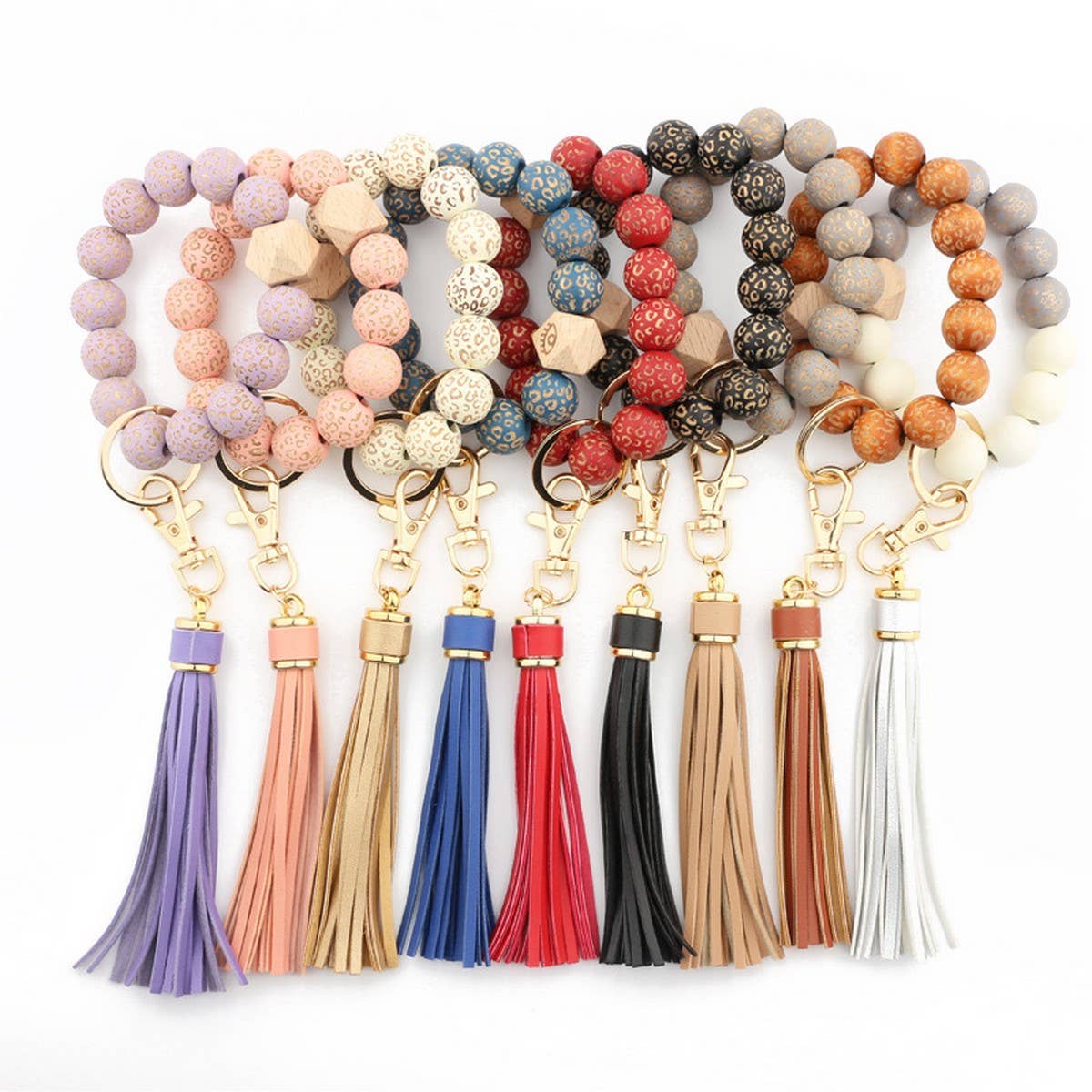 Leopard Wood Bead Bracelet Keychain with Tassel