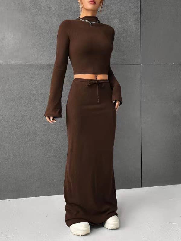SOLID COLOR LONG SLEEVE TOP LONG SKIRT SET