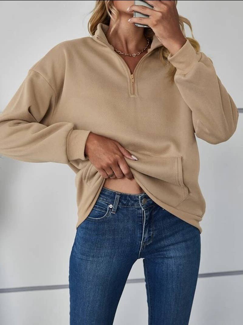 SOLID COLOR HALF ZIP POCKET STAND COLLAR HOODIE