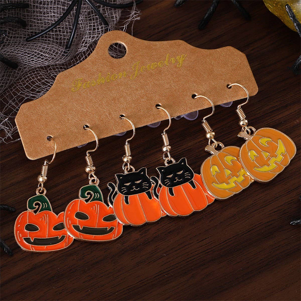 HALLOWEEN PUMPKIN BLACK CAT PENDANT EARRINGS