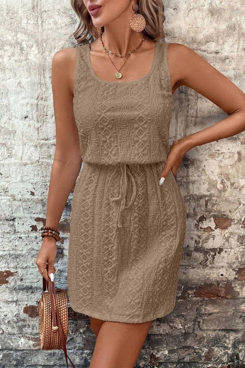 CWDMD4645_SQUARE NECK DRAWSTRING SLEEVELESS DRESS