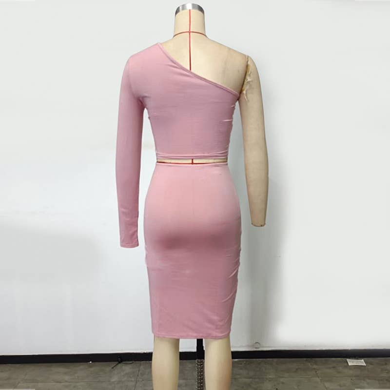 One Shoulder Crop Top and Ruched Skirt Set