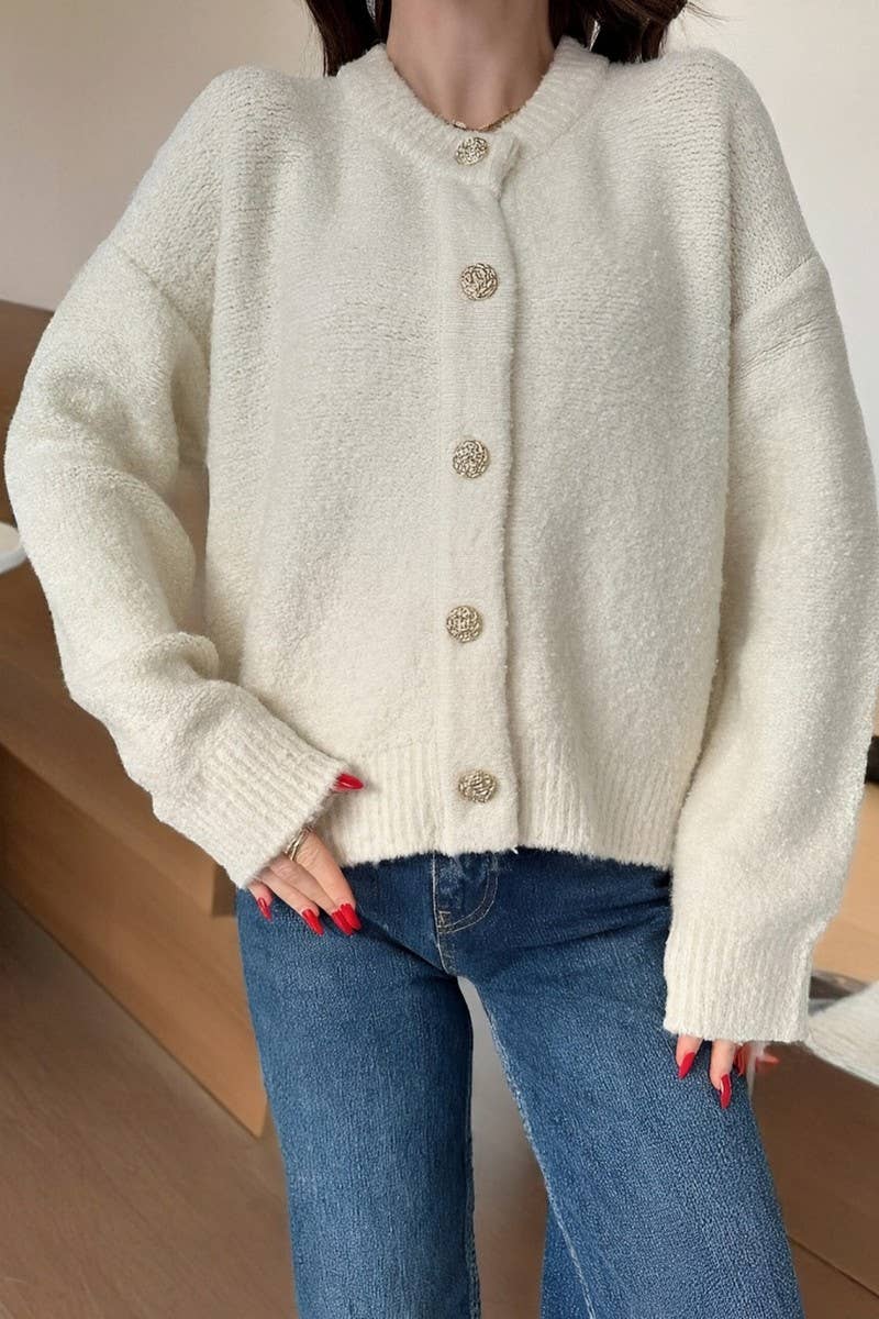 CWOCAL2356_SOLID COLOR CREWNECK BUTTON CARDIGAN