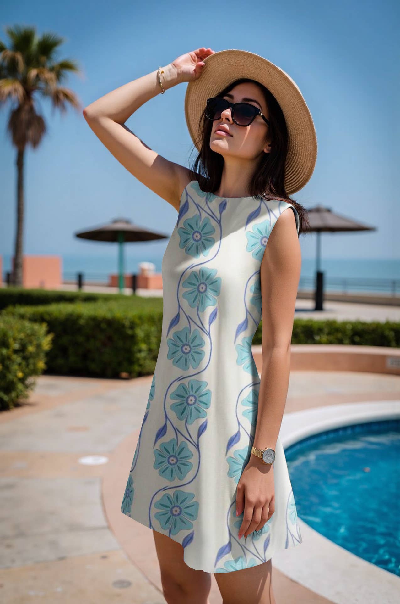 Straight, sleeveless, round-neck floral dress