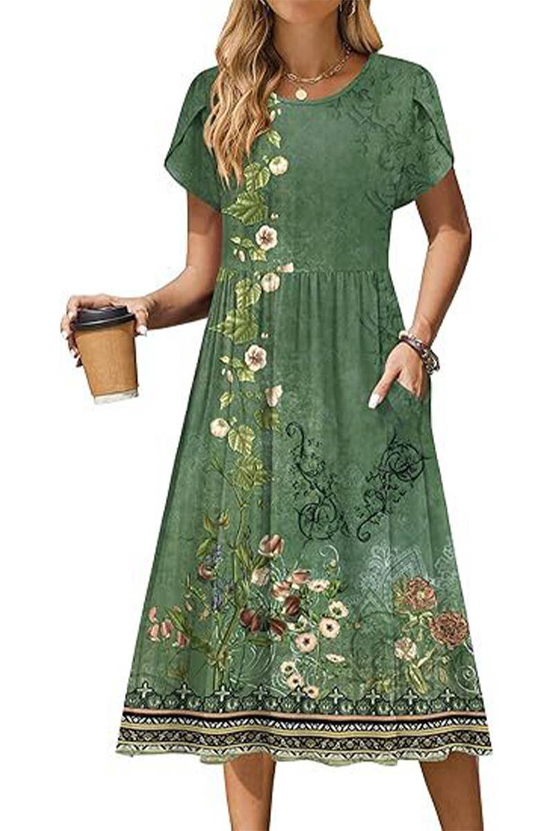 CWDMD6365_ROUND NECK PETAL SLEEVES MIDI PRINT DRESS