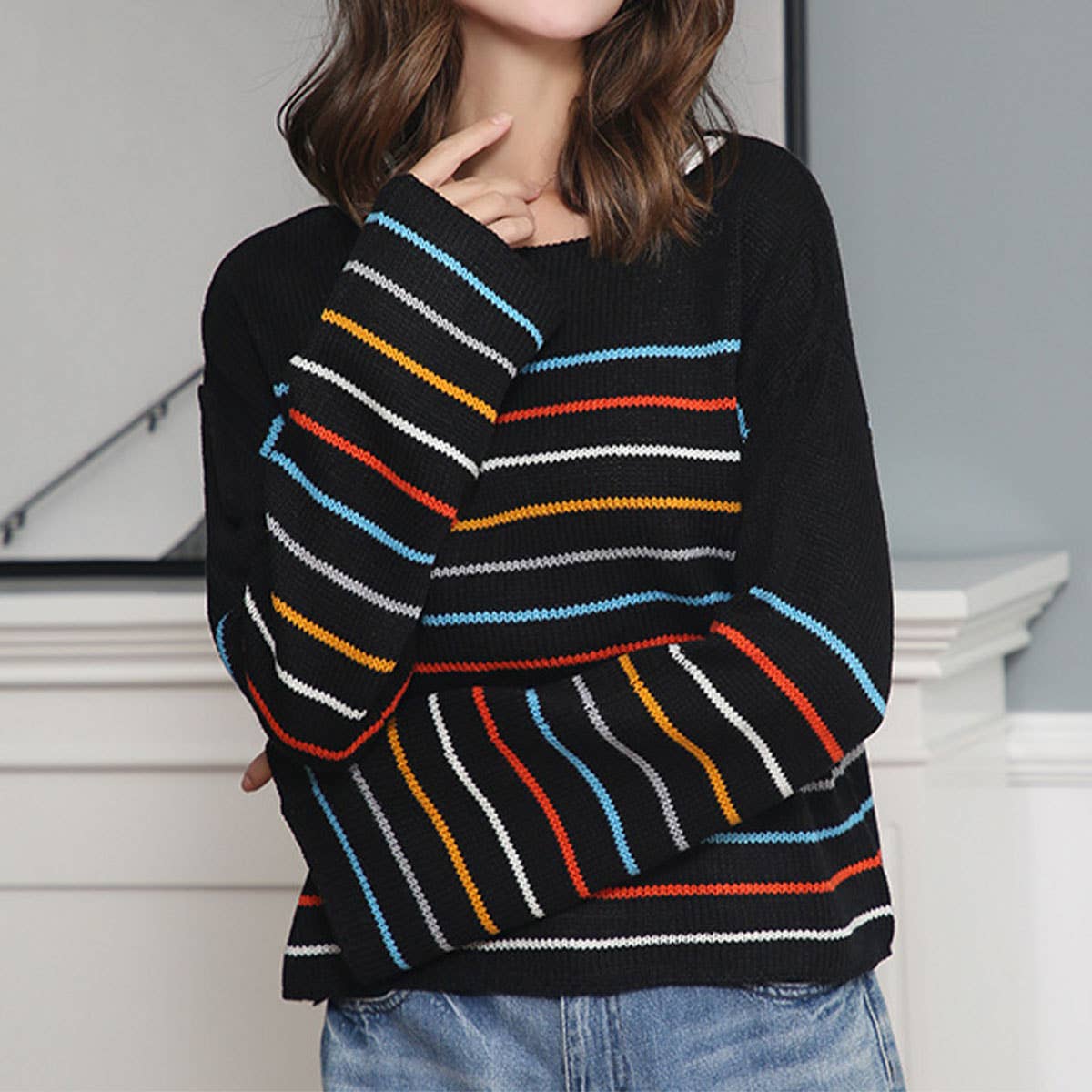 FASHION CASUAL STRIPED MATCHING COLOR SWEATER