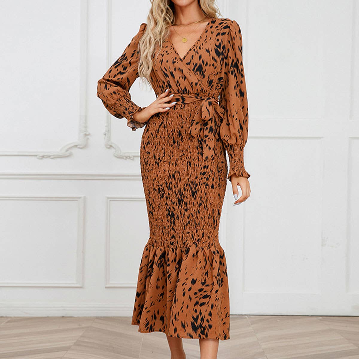 V-Neck Belted Floral Mermaid Maxi Dress