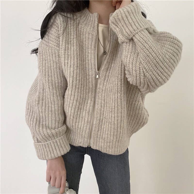 Solid-color zipper thick knitted cardigan