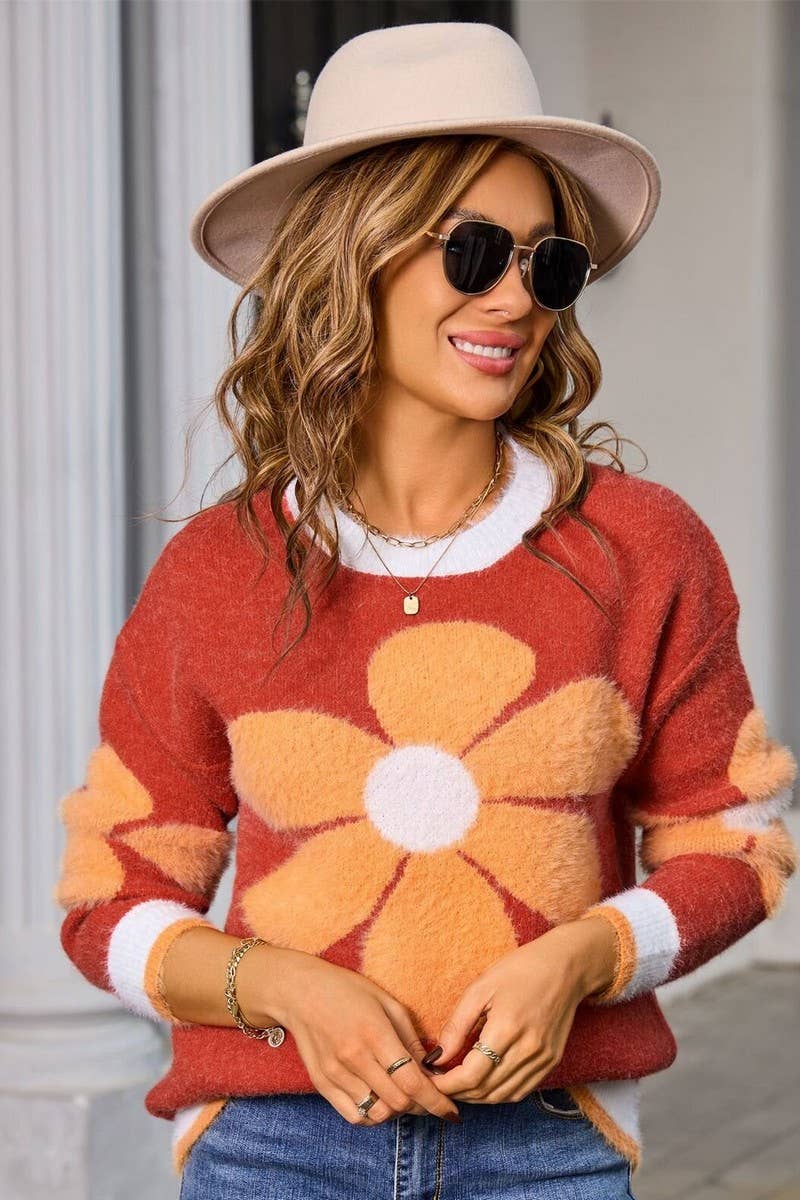 CWOSWL07601_FLORAL FUZZY CREWNECK KNIT SWEATER
