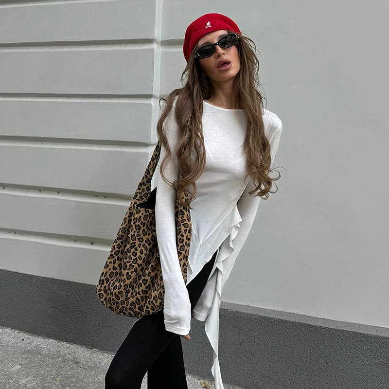 SOLID COLOR ROUND TIE RUFFLED LONG SLEEVE T-SHIRT