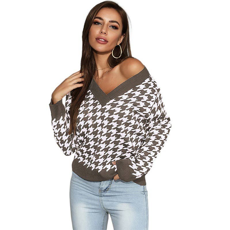 SLOUCHY V-NECK PLAID STYLISH SWEATER