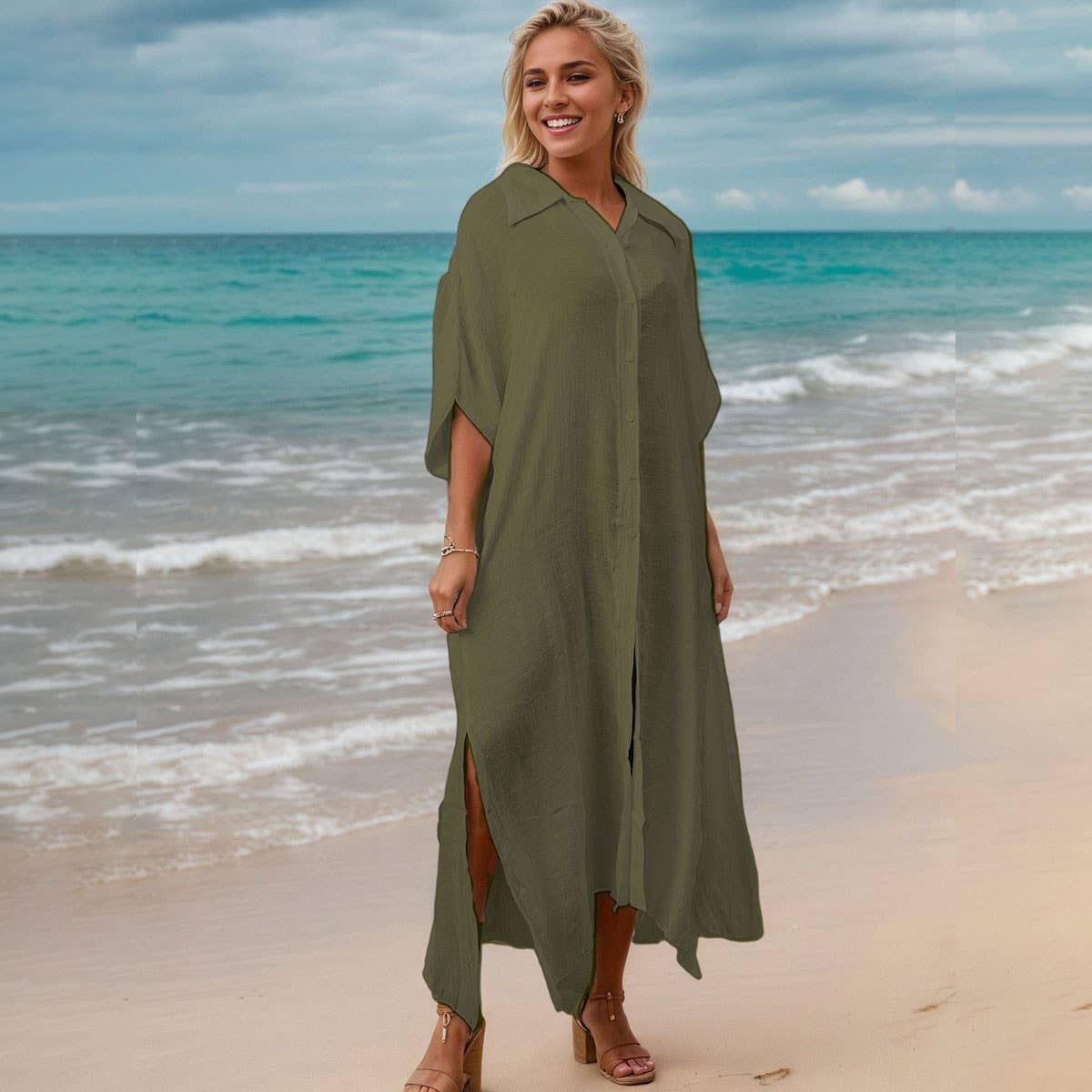 Bamboo Cotton Beach CoverUp Solid Color BikiniShirt_CWMM6300