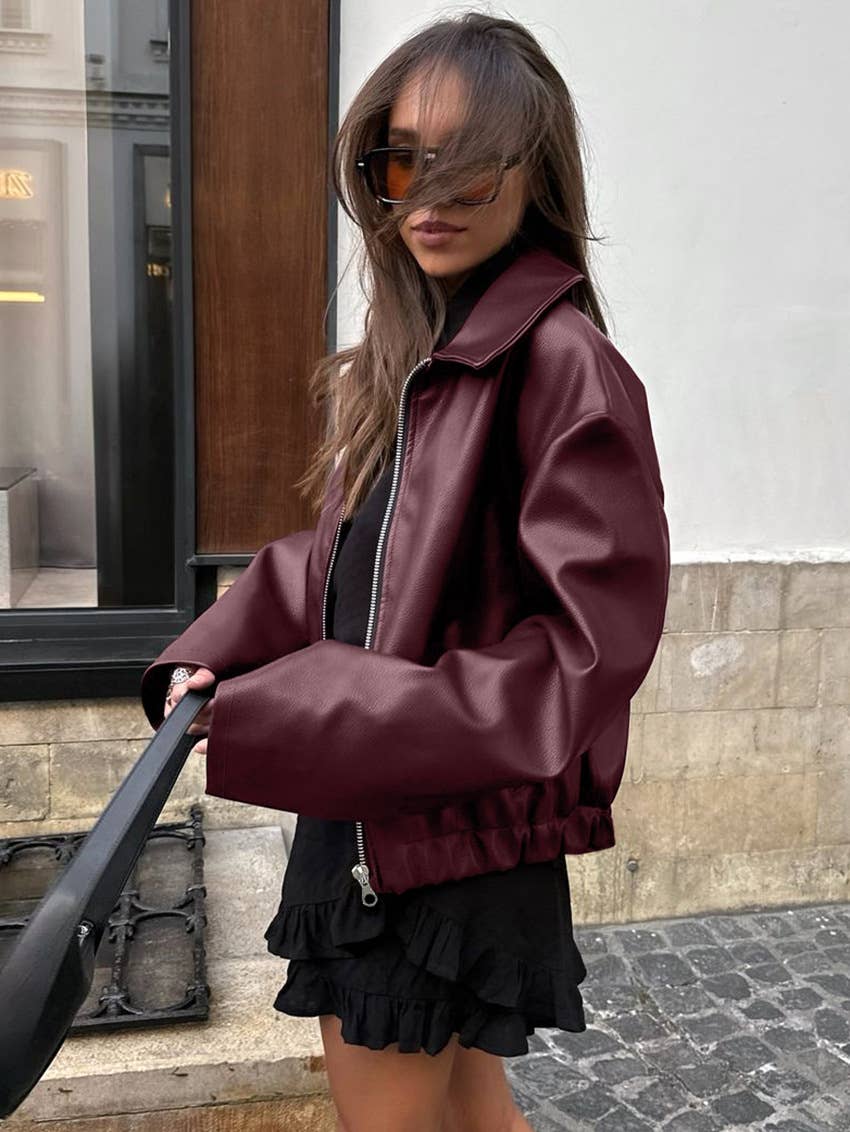 CWOJA1592_ANGORA RED LEATHER BIKER GIRL FASHION JACKET