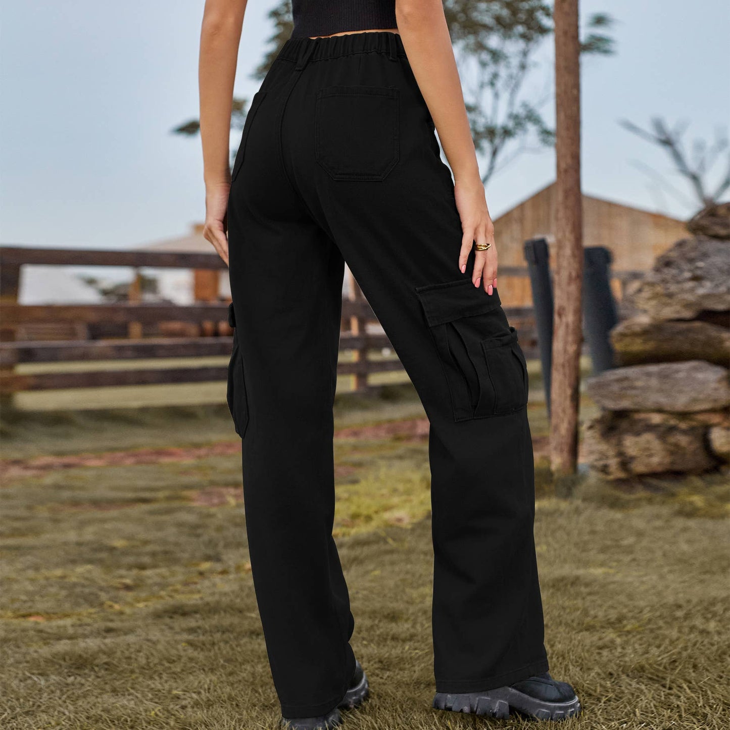 ELASTIC-WAISTED DENIM CASUAL CARGO PANTS
