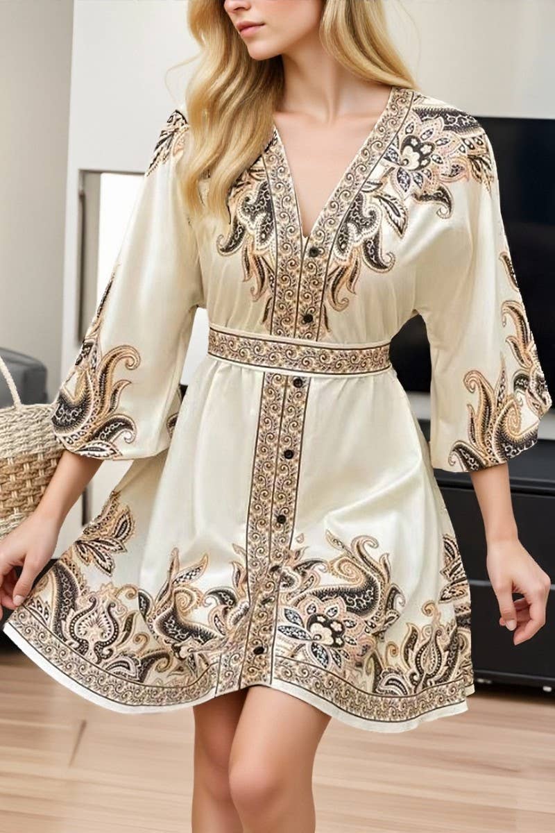 CWDSD10515_HOLIDAY STYLE V-NECK LANTERN SLEEVE PRINTED DRESS