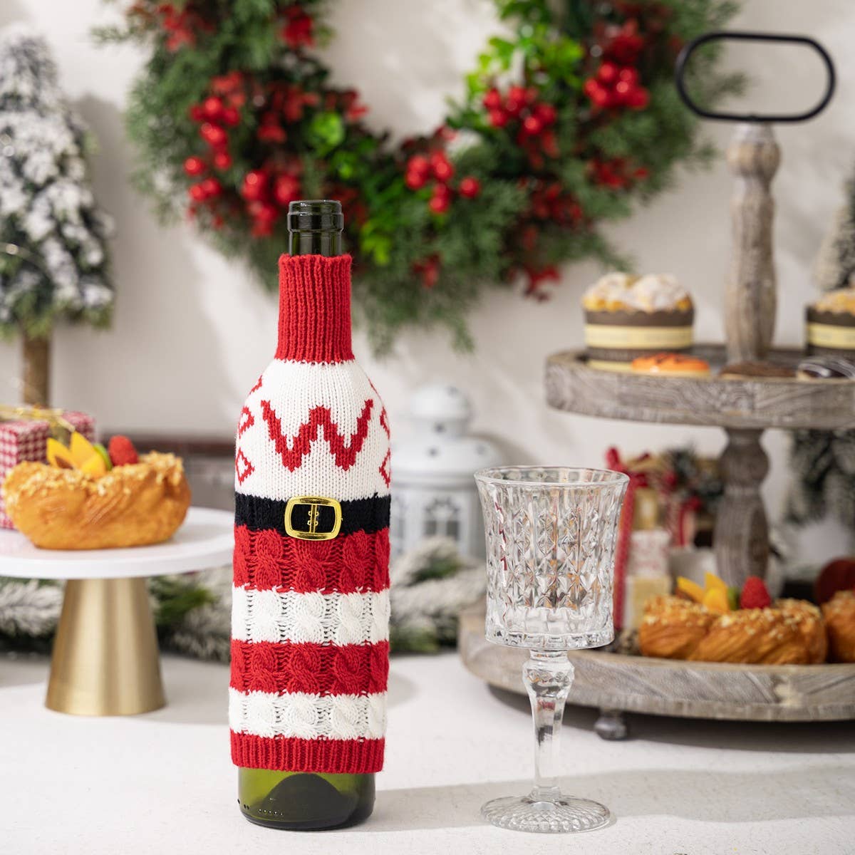 CWMM10337_KNITTED LETTER WINE BOTTLE COVER RED WHITE STRIPES