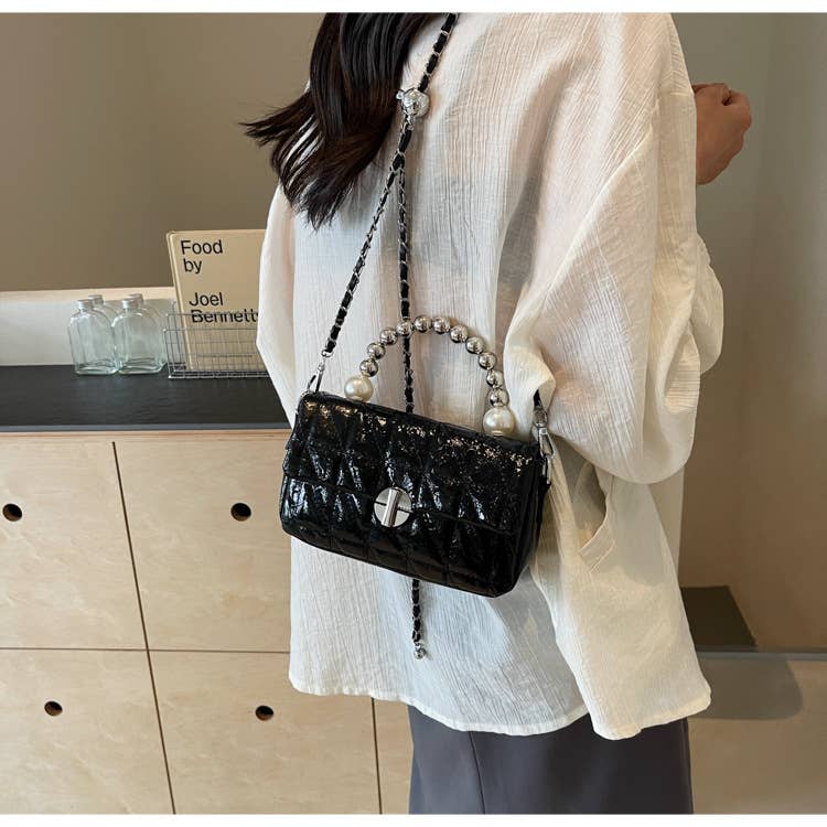 Laser pearl chain diamond single-shoulder bag
