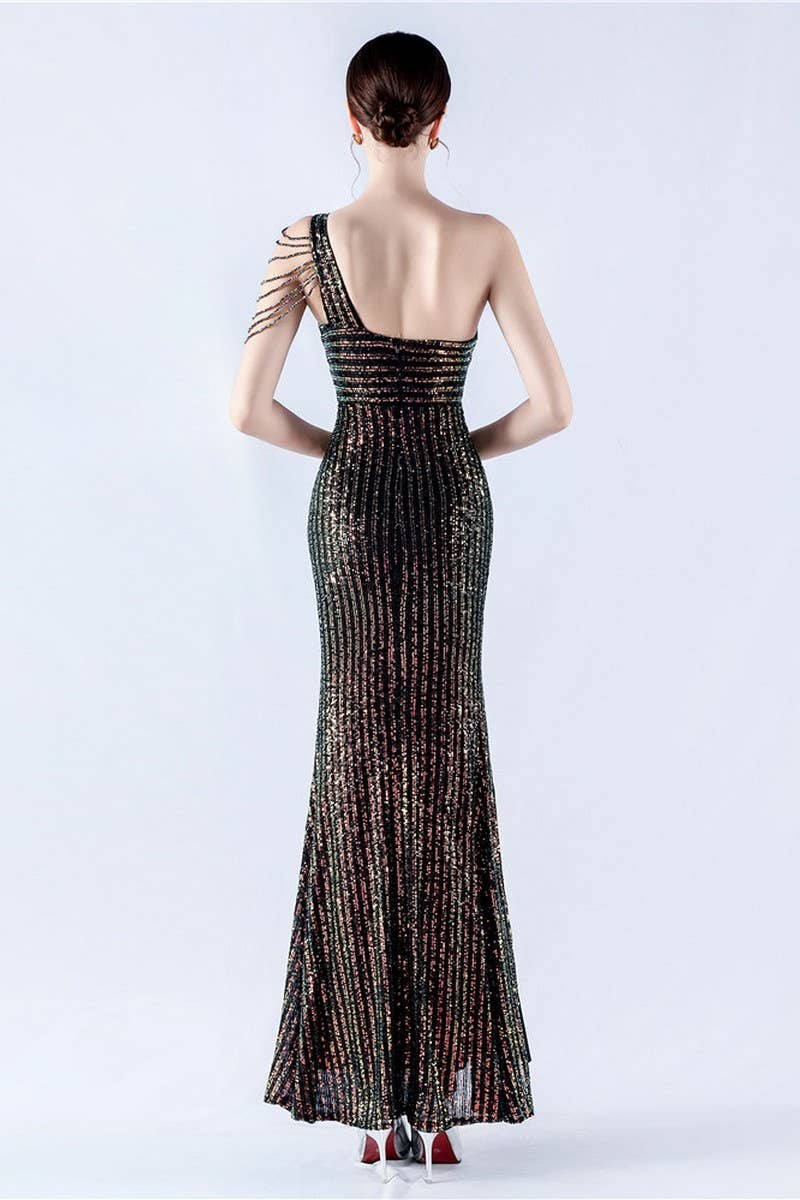CWDMD4826_ONE-SHOULDER OFF-SHOULDER HIGH-SLIT SEQUINED DRESS