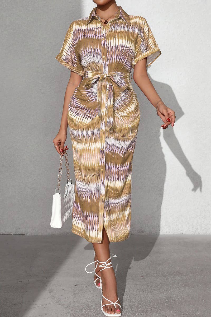 CWDMD5342_STRIPED TIE WAIST BUTTON FRONT MIDI SKIRT DRESS