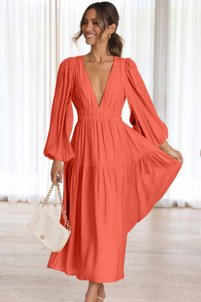 CWDMD4036_AUTUMN V-NECK LONG SLEEVE WAIST DRESS LONG STYLE