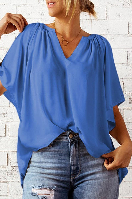 Cwtbls1790_Solid Color Loose V-Neck T-Shirt Chiffon Shirt