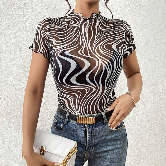 BLACK WHITE STRIPED SEMI SHEER MESH SHORT TOP_CWTBLS1511