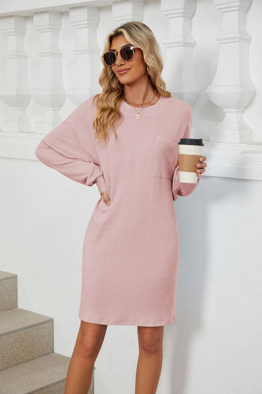 CWDSD6364_ROUND NECK STRIPED POCKET LONG SLEEVE DRESS