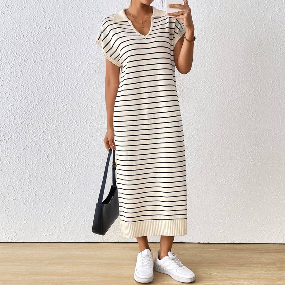 Loose casual striped V-neck long dress