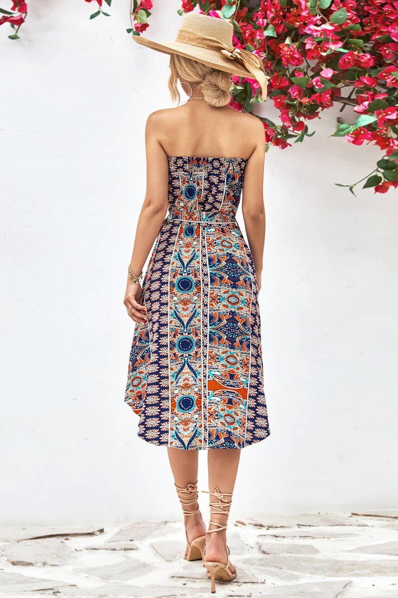 WOMEN FIT STRAPLESS PRINT DRESS_CWDSD2643