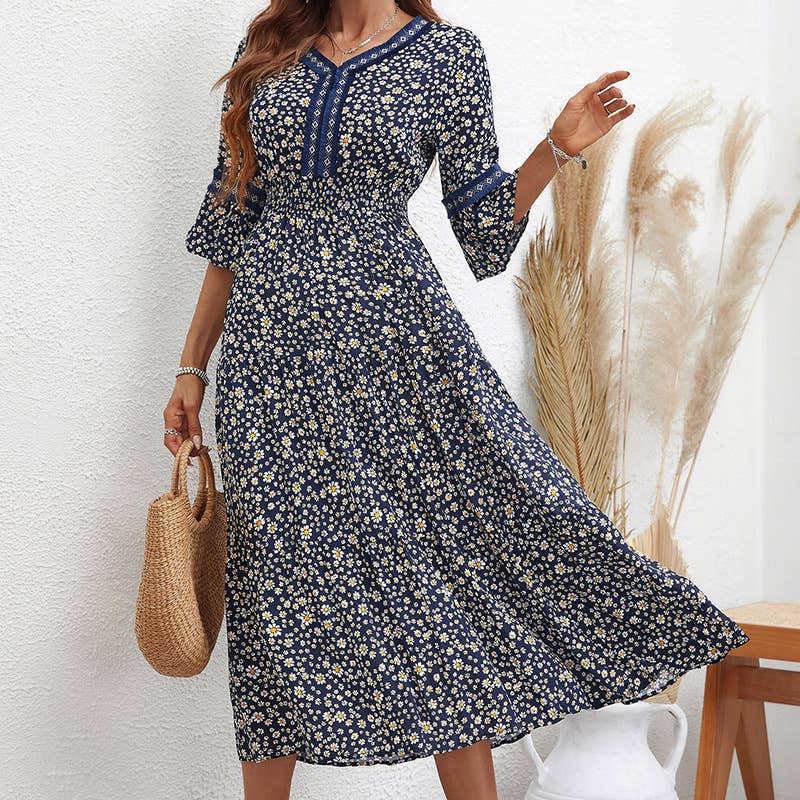 Stylish elegant socialite floral mid-length dress