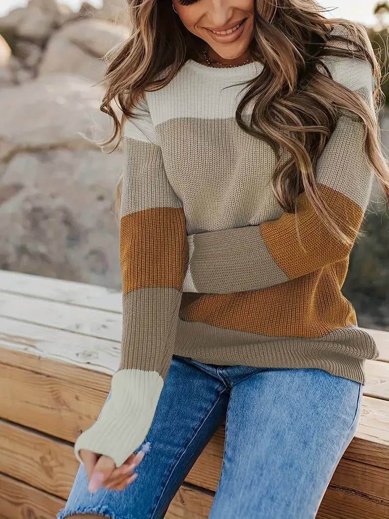 STYLISH CREW-NECK MATCHING PULLOVER LOOSE KNIT