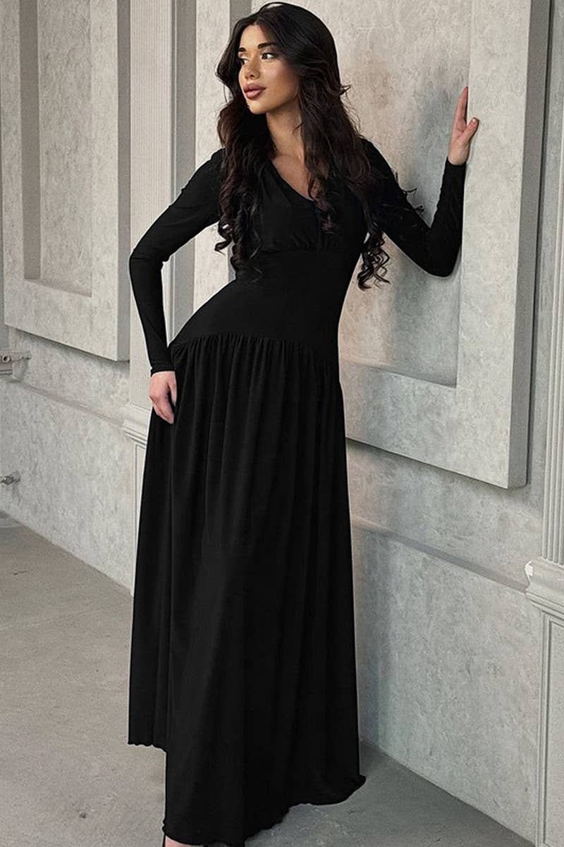 CWDMD01205_V NECK RUCHED WAIST SOLID MAXI DRESS
