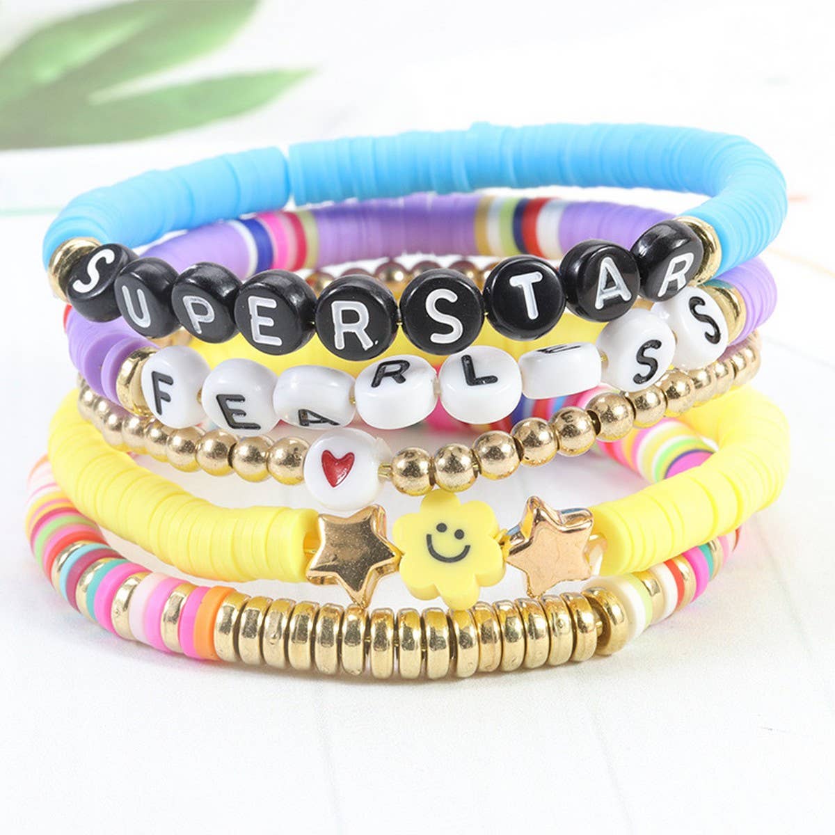 5PCS SMILING FACE LETTER BEAD BRACELET SET_CWMM0537