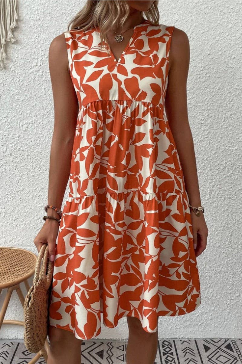 CWDSD8560_PRINTED V-NECK SLEEVELESS TIERED DRESS