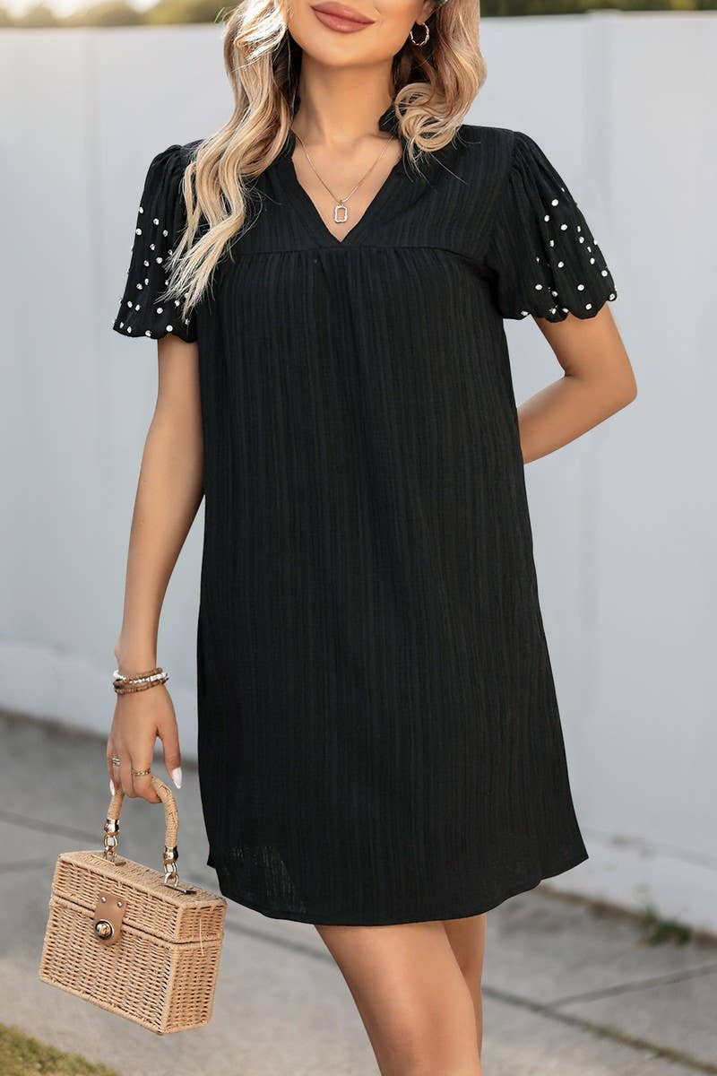 CWDSD7826_BLACK BEADED LANTERN SLEEVE LOOSE SHIFT DRESS