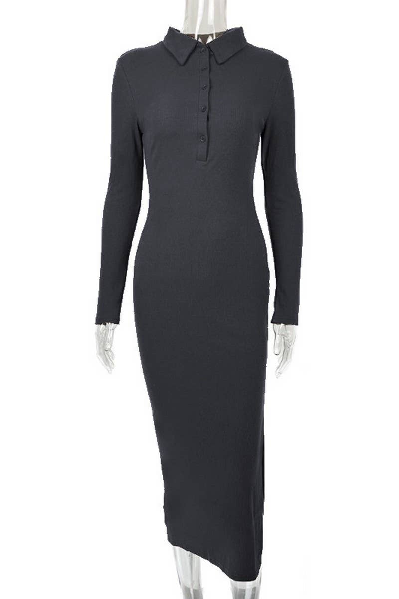 CWDMD4903_SLIM FIT POLO NECK RIBBED LONG SLEEVE SLIT DRESS