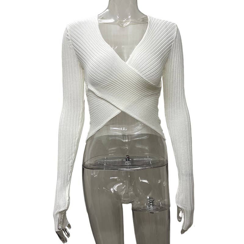 Solid-colored long-sleeved crop top knit sweater