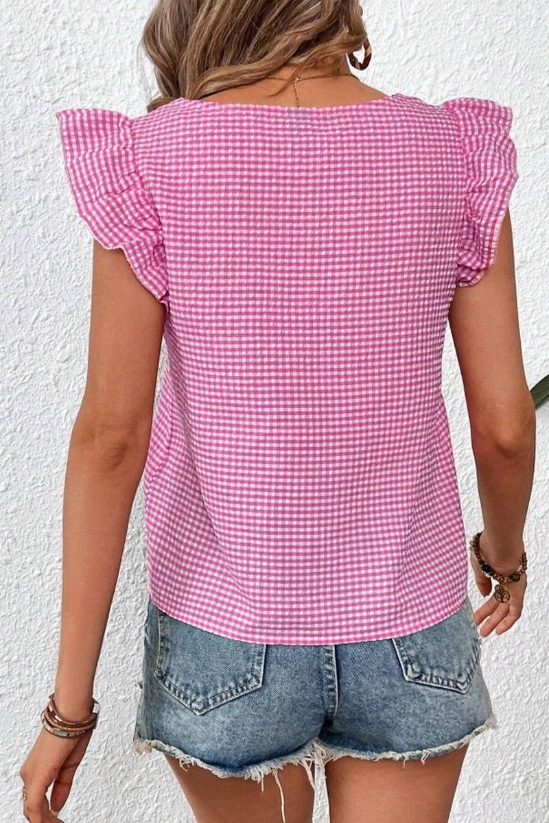 Cwtblsl0969_Plaid Ruffle Square Neck Blouse Top