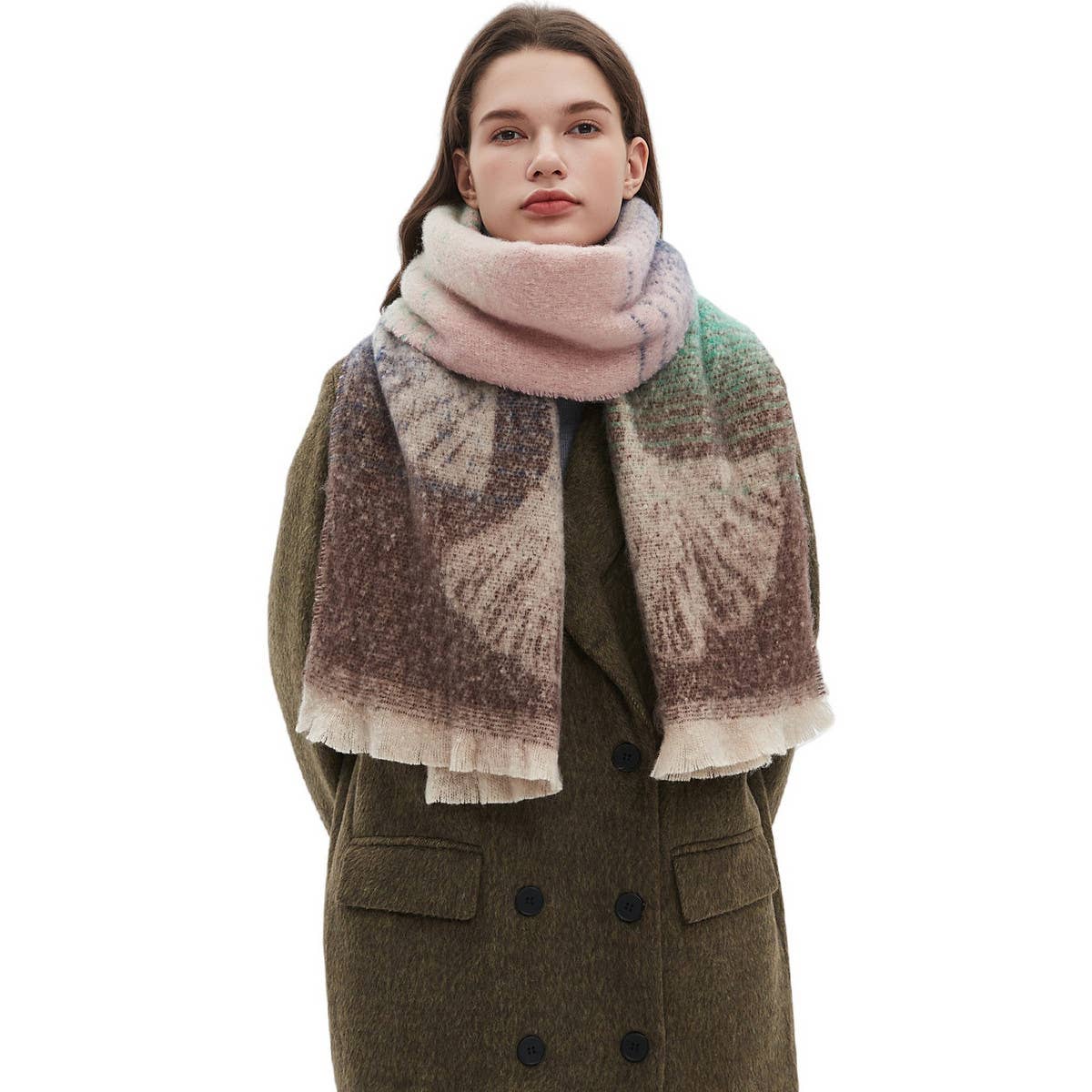 Ginkgo Jacquard Scarf ? Loop Yarn Fringe Winter