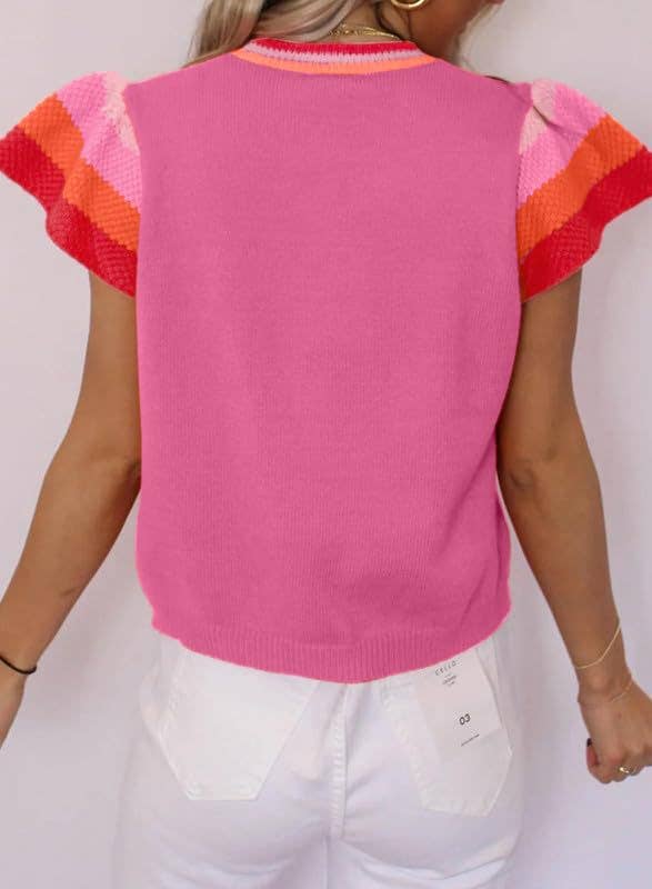 Round-neck color-blocking short-sleeved sweater