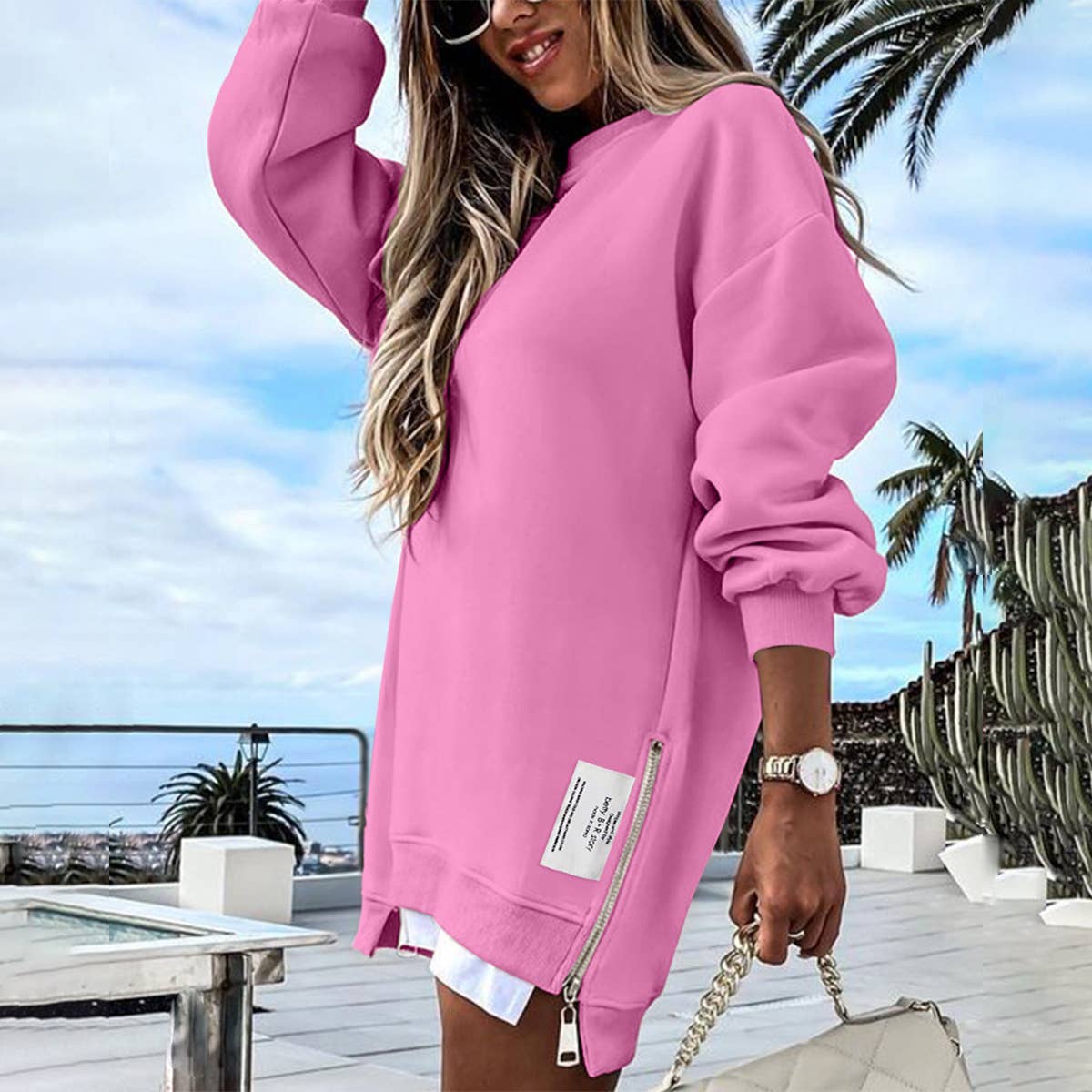 LACE-UP SOLID COLOR CREW NECK PULLOVER HOODIE